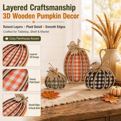 3 Pcs Pumpkin Signs, Buffalo Plaid Fall Table, Mantel Home Decor | 4.7"X9.1" Wooden Black White Checkered Pumpkin, Autumn Thanksgiving Decorations Indoor, Tabletop, Tiered Tray, Shelf, Kitchen3