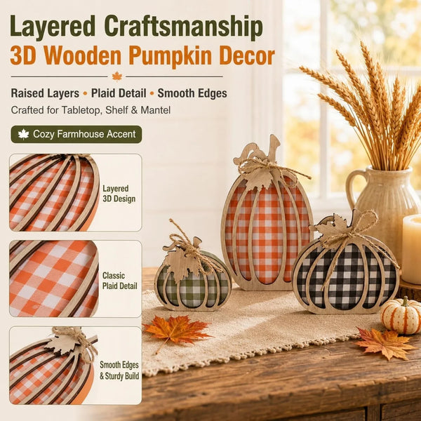3 Pcs Pumpkin Signs, Buffalo Plaid Fall Table, Mantel Home Decor | 4.7"X9.1" Wooden Black White Checkered Pumpkin, Autumn Thanksgiving Decorations Indoor, Tabletop, Tiered Tray, Shelf, Kitchen3