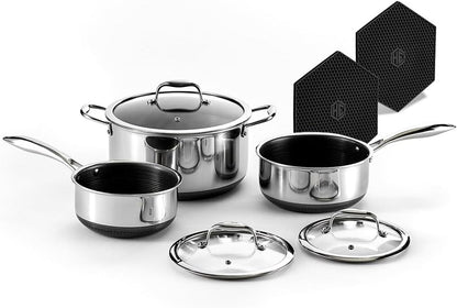 Hexclad Hybrid Nonstick 6 Pc Pot Set & Trivets, 2, 3, and 8-Qt Pots & Lids | Stay-Cool Handles, Dishwasher and Oven Safe, Compatible with All Cooktops, Induction Ready1