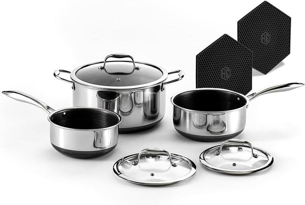 Hexclad Hybrid Nonstick 6 Pc Pot Set & Trivets, 2, 3, and 8-Qt Pots & Lids | Stay-Cool Handles, Dishwasher and Oven Safe, Compatible with All Cooktops, Induction Ready1