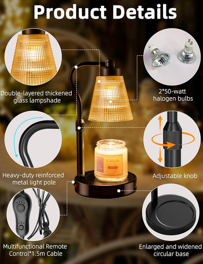 Candle Warmer Lamp for Jar Candles, Height Adjustable & Dimmable with 2/4/8H Timer, 2*50W Halogen Wax Melter Warmer for Home Office Décor, Flameless & Smokeless, Gift for Women Mom, Black-Amber/1 Pack6