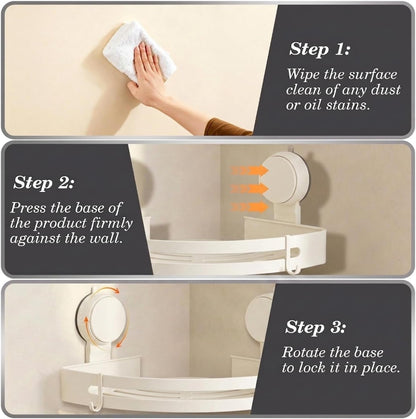 Suction Cup Shower Caddy(2-Pack Cream White),Single 1.77 Inches High No-Drilling Aluminum Bathroom Organizer with Towel Bar & Hooks,Moder Wall Shower Shelf and Storage Decor3