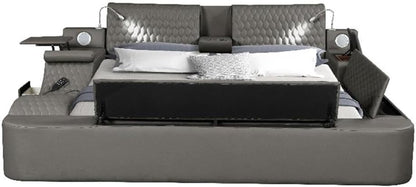 Smart Multifunctional Queen Size Bed, Wood Frame, Gray Upholstery, Massage Chaise, USB Charging, Storage Drawers, LED Lights, Bluetooth Speakers, Modern Design for Bedroom Comfort And3