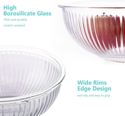 Glass Mixing Bowls with Lids Set of 3(3.7QT, 2.1QT, 1.1Qt),Large Kitchen Salad Bowls, Space-Saving Nesting Bowls, Clear Glass Serving Bowls for Cooking,Baking,Prepping,Dishwasher Safe5