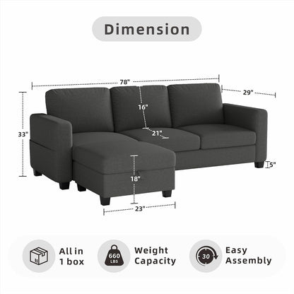 78" Dark Gray L Shaped Sectional Sofa Couch with Storage Ottoman2
