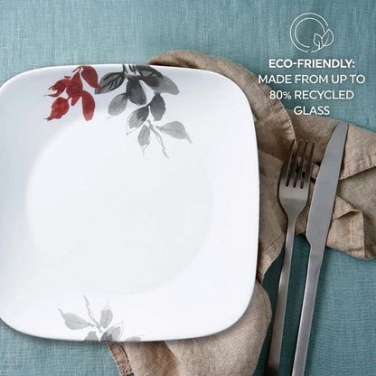 Kyoto Leaves 16Pc, Service for 4, Dinnerware Set, 8 Plates Bowls, Chip & Break Resistant, Dinner and ware White5