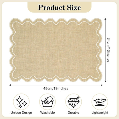 Set of 6 Cotton Linen Placemats, 13 X 19 Inch Scalloped Wavy Embroidered Placemat Double Layered Table Placemats Washable Rustic Table Mats for Dining Table Decor Kitchen Restaurant Hotel Party2