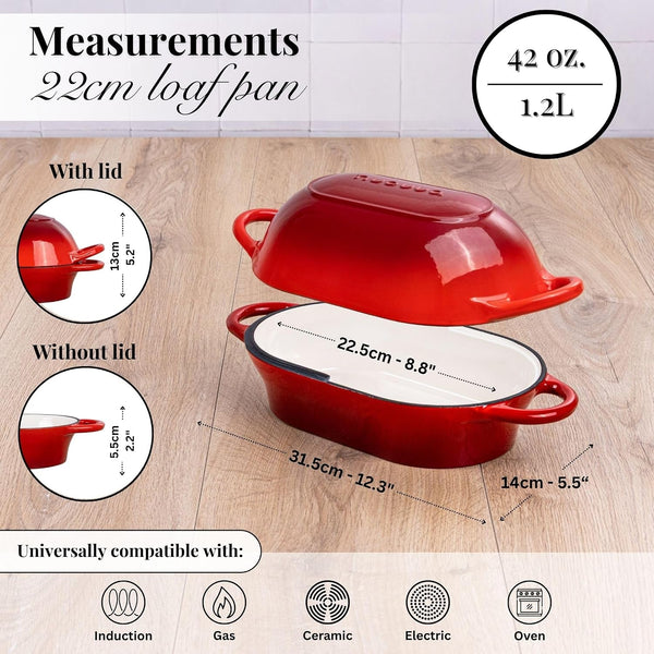Dutch Oven for Sourdough Bread Baking – Enamelled Cast Iron Bread Loaf Pot – Oven Safe Non Stick Bread Pot – Rectangular, Red, 24Cm X 16Cm – by2