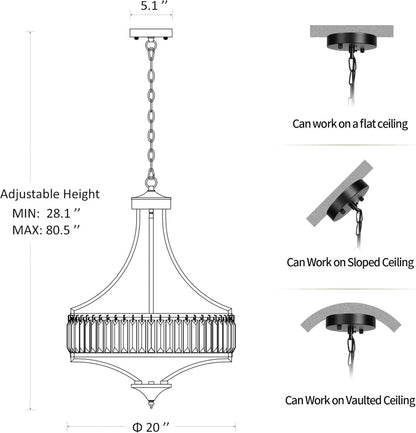 20" Brushed Nickel Chandeliers for Dining Room, 5-Light Modern Crystal Chandelier for Entryway, Hanging round Light Fixture for Kitchen Island Living Room Bedroom Office Bathroom Staircase6
