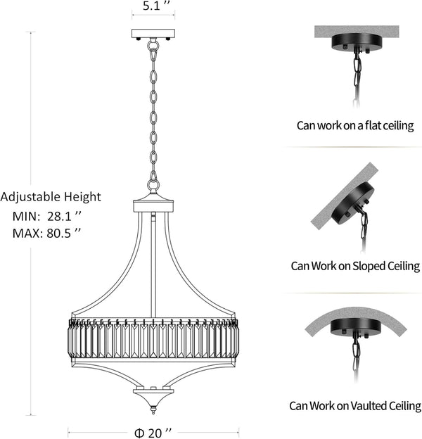 20" Brushed Nickel Chandeliers for Dining Room, 5-Light Modern Crystal Chandelier for Entryway, Hanging round Light Fixture for Kitchen Island Living Room Bedroom Office Bathroom Staircase6