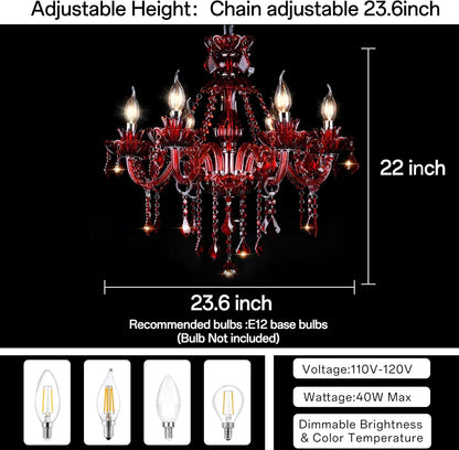 Red 6 Lights K9 Crystal Candle Chandeliers Lighting Modern Pendant Lights Crystal Modern Chandelier Candle Chandelier Lighting for Living Room Bedroom Hallway Entry E12 Base, H22 X W23.6 Inch4