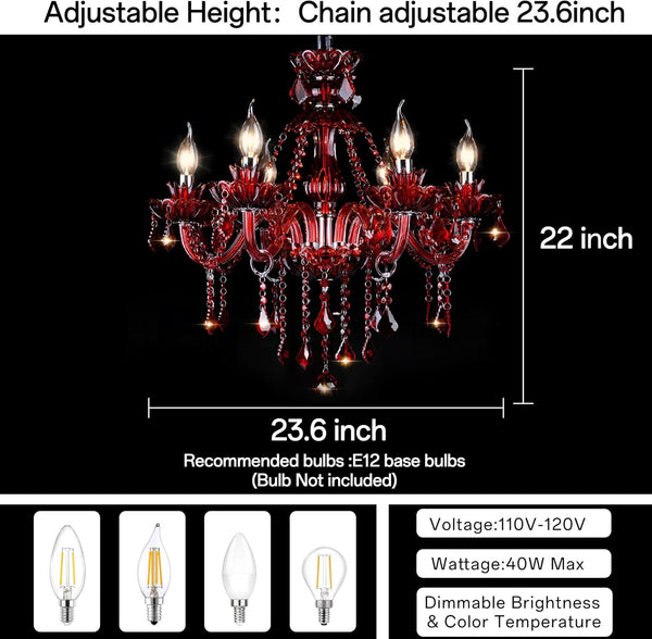 Red 6 Lights K9 Crystal Candle Chandeliers Lighting Modern Pendant Lights Crystal Modern Chandelier Candle Chandelier Lighting for Living Room Bedroom Hallway Entry E12 Base, H22 X W23.6 Inch4