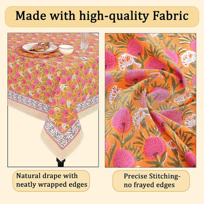 '-Bubblegum Pink Cotton Tablecloth, Handblock Print Floral Table Cloth for Kitchen Dining Linen I Thanksgiving, Christmas, Wedding, Fall Décor 4 Seater 60X60 Inches Square6