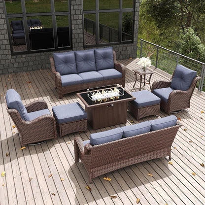 8 Pieces Outdoor Patio Furniture Set with Fire Pit Table, Rattan Wicker Sectional Swivel Rocker Chairs Sets with Ottomans, Swivel Glider Chair and Coffee Table1