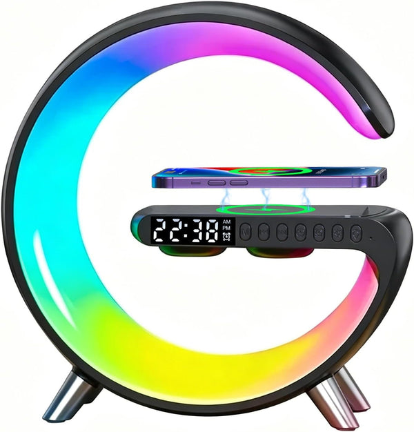 4 in 1 Smart LED Table Lamp, Alarm Clock, Bluetooth Speaker, Wireless Charger, App Control Night Light Bedside Lamp with Fast Charging Station for Bedroom, Home Decor, Family, Teen Girls Boys Gifts1