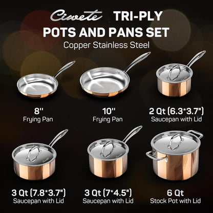 Whole Tri-Ply 18/10 Stainless Steel Cookware Set, 10 Pcs Elegant Copper Pots and Pans Set, Induction Cookware, Frying Pans, Saucepans & Stock Pot with Lid, Ideal Gift for Wedding, Housewarming7