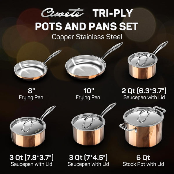 Whole Tri-Ply 18/10 Stainless Steel Cookware Set, 10 Pcs Elegant Copper Pots and Pans Set, Induction Cookware, Frying Pans, Saucepans & Stock Pot with Lid, Ideal Gift for Wedding, Housewarming7