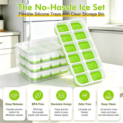 Ice Cube Tray with Lid and Bin - 4 Pack Molds Space-Saving Ice Bucket Kit | Stackable Silicone Trays for Freezer, for Whiskey, Cocktails, Coffee, Juice, Soda, Kitchen & RV2