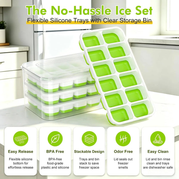 Ice Cube Tray with Lid and Bin - 4 Pack Molds Space-Saving Ice Bucket Kit | Stackable Silicone Trays for Freezer, for Whiskey, Cocktails, Coffee, Juice, Soda, Kitchen & RV2