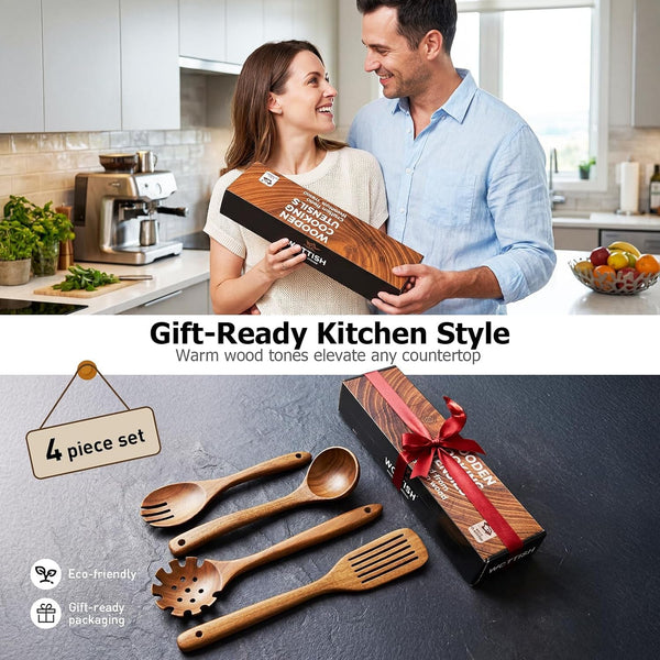 Wooden Spoons for Cooking, 4-Piece Teak Wood Kitchen Utensil Set, Nonstick Safe Wooden Cooking Utensils-Includes Soup Ladle, Pasta Spoon, Slotted Spoon, Salad Fork, for Everyday Meals(A04)9