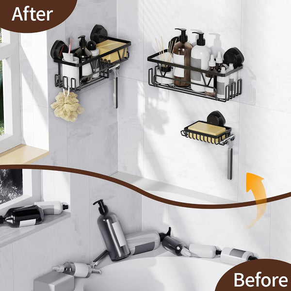 Shower Caddy Suction Cup, 3 Pack Removable Shower Shelves with Hooks & Soap Holder, No Drilling Bathroom Organizer, Waterproof Suction Storage for inside Shower, Black6