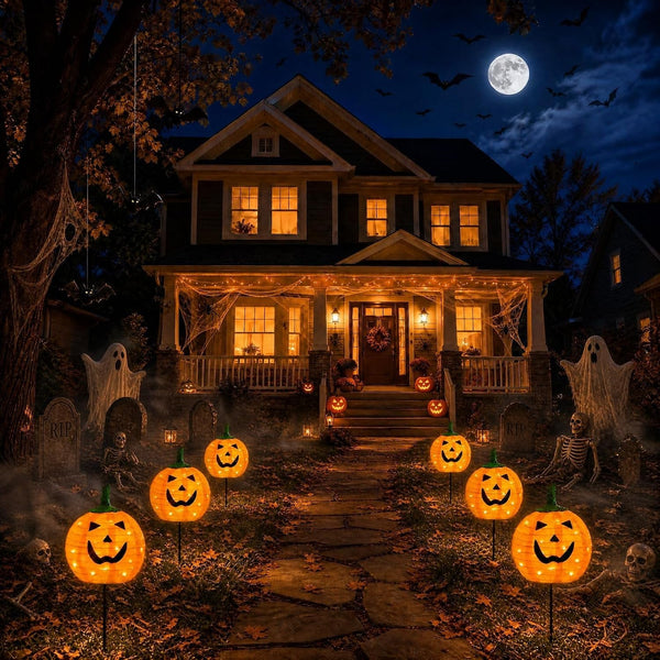 Solar Halloween Pumpkin Lights, 2 Pack Outdoor Pathway Stake Lights2