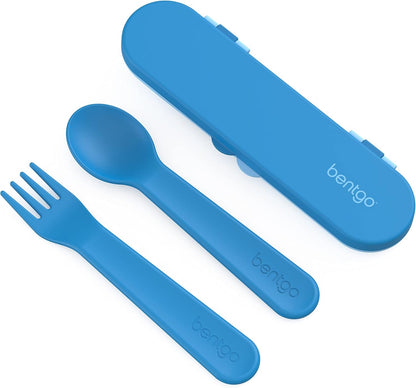 Bentgo® Kids Plastic Utensil Set - Reusable Fork, Spoon & Storage Case, PFAS- & Bpa-Free, Easy-Grip Handles, Lightweight, Dishwasher Safe, School Lunch, Travel & On-The-Go (Blue)1