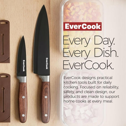 4-Piece Kitchen Knife Set - 6" Chef, 3.5" Paring & 2 Sheaths | Black-Coated Stainless Steel Cutlery, Brown Wood-Pattern Handles, Hollow-Ground Blades, Soft TPR Grip, Comfortable Control6