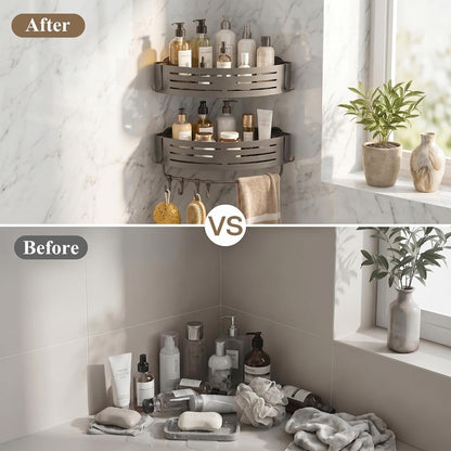 Corner Shower Caddy Suction Cup, 2 Pack Aluminum Shower Shelves No Drilling, Removable Shower Organizer with Towel Bar and Hooks for Smooth Tile, Glass and Marble, Matte Gray7