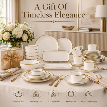 32-Piece Ceramic Dinnerware Set for 6, White Tableware Set with Gold Trim, Dinner Plates, Salad Plates, Bowls, Mugs & Rectangular Serving Platters for Everyday Dining, Home & Housewarming Gift5