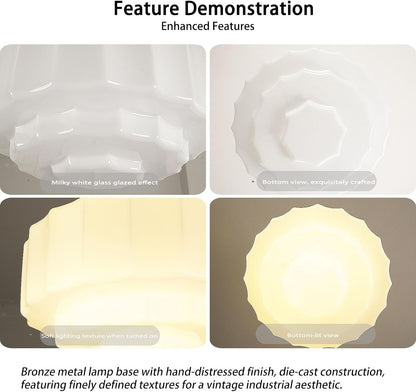 Vintage Milk Glass Pendant Lights, 13.7" White Art Deco Chandelier, Semi-Flush Mount Ceiling Light for Bedroom, Foyer, Living Room, Bar Counter, Contains Three E12 Bulbs (Gold, 13.7Inch)7