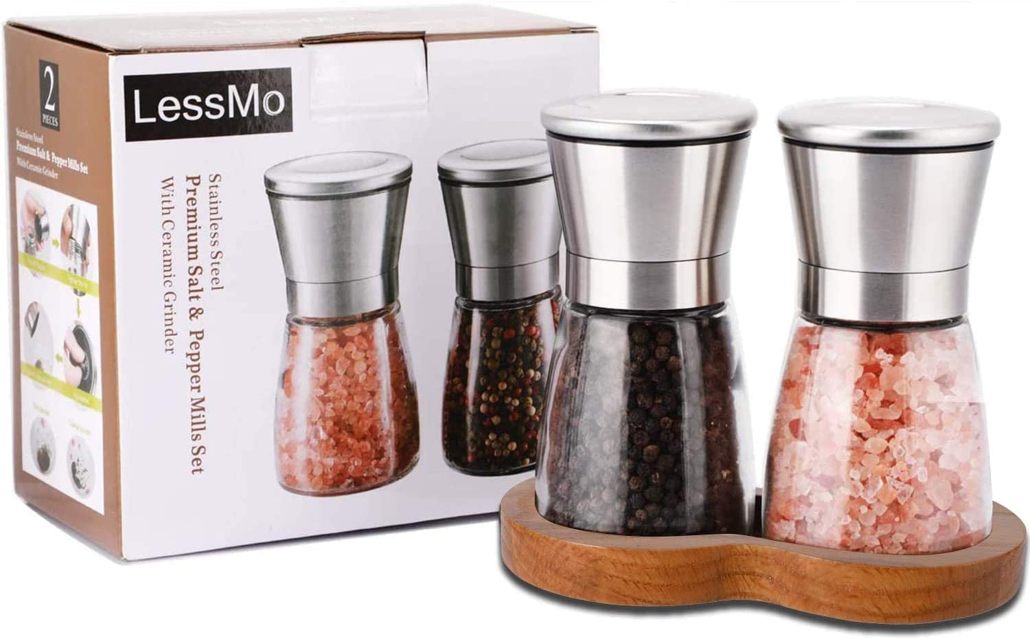 salt-and-pepper-grinder-set-with-wooden-standing-tray-refillable-pepper-mill-set-brushed-stainless-steel-short-glass-shakers-with-adjustable-coarseness-for-peppercorn-salt-or-spice-mills