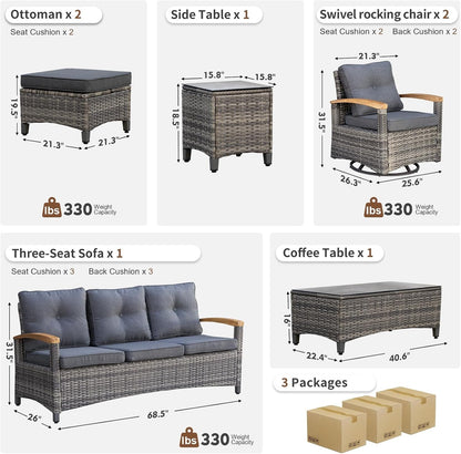 7 Pieces Patio Furniture Sets,Wicker Outdoor Conversation Sets with 2 Wood Armrests Swivel Rocker Chairs, 2 Ottoman, 3-Seat Sofa and Coffee Table(Grey)7