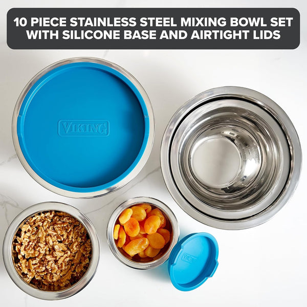 Viking Mixing Bowls Set, 10 Piece Stainless Steel Kitchen Cookware, Non-Slip Silicone Base, Includes Tight Fit Lids, Dishwasher Safe, Teal2