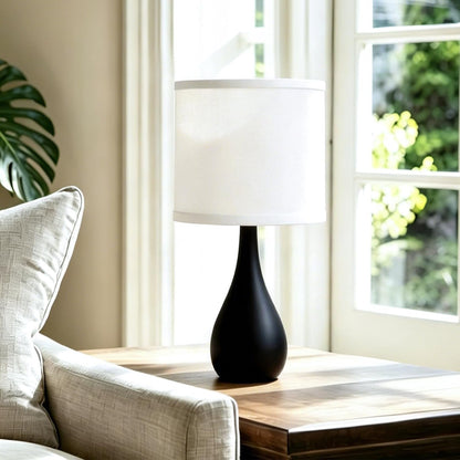 Farmhouse Style Table Lamp, Bulb Not Included, Pack of 1, Black | Decor Desk Lamp for Bedroom Nightstand Living Room, White Linen Cylinder Lampshade with Black Solid Metal Droplet Base1