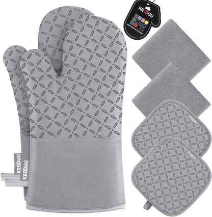 Oven Mitts and Pot Holders 6Pcs Set, Kitchen Oven Glove High Heat Resistant 500 Degree Extra Long Oven Mitts and Potholder with Non-Slip Silicone Surface for Cooking (Light Gary)1