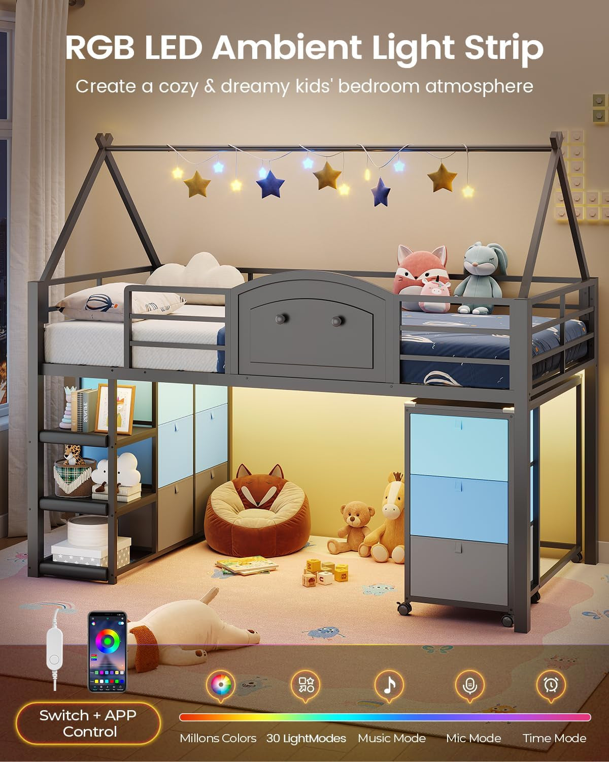 twin-loft-bed-with-desk-and-storage-for-kids-metal-low-loft-bed-twin-with-9-drawers-3-tier-shelves-led-lights-safety-guardrail-no-box-spring-needed-grey