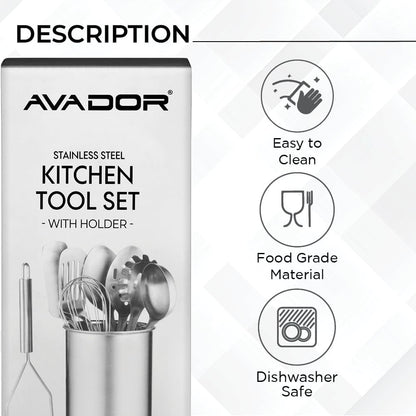 ® Premium Set of 10 Stainless Steel Kitchen Tool Set with Holder Easy to Clean, Space Saving, Great for Cooking, Baking, Prepping3