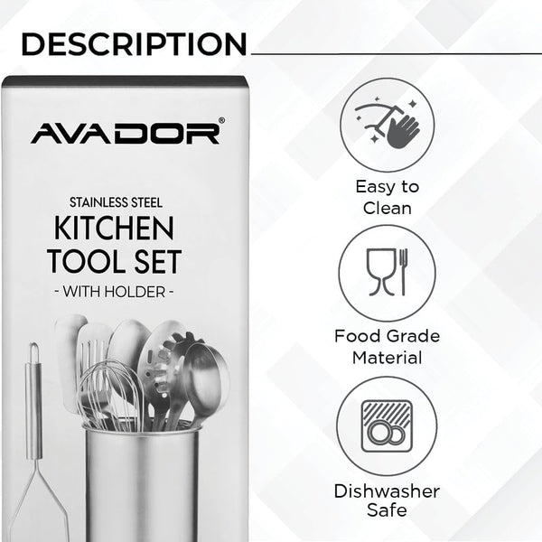 ® Premium Set of 10 Stainless Steel Kitchen Tool Set with Holder Easy to Clean, Space Saving, Great for Cooking, Baking, Prepping3