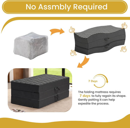 Tri Folding Mattress Queen Size - 6 Inch Dual-Layer Memory Foam Foldable Mattress Portable Floor Bed Sofa with Removable Washable Cover, Handle & Non-Slip Bottom for Travel,Rv,Camping,Guest,Yoga,Black8