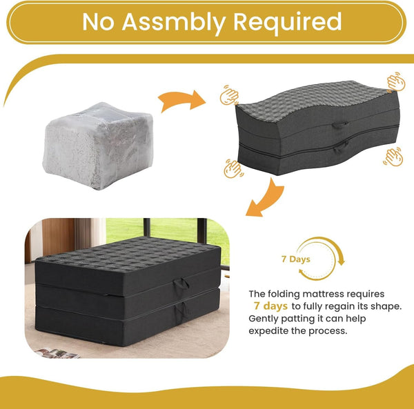 Tri Folding Mattress Queen Size - 6 Inch Dual-Layer Memory Foam Foldable Mattress Portable Floor Bed Sofa with Removable Washable Cover, Handle & Non-Slip Bottom for Travel,Rv,Camping,Guest,Yoga,Black8