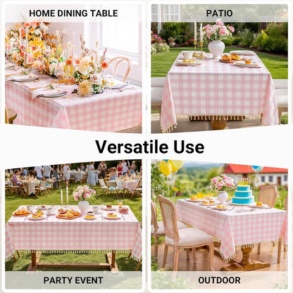 Checkered Tablecloth Rectangle Cotton Linen Gingham Table Cloth with Tassel Washable Wrinkle Free Heavy Duty Buffalo Plaid Table Cover for Dining/Party/Picnic (Pink, 55" X 55" (Square))5