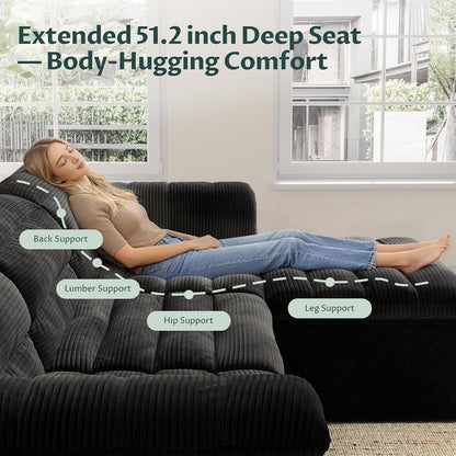 112" Modular Cloud Sectional Couch with Ottoman, Modern Upholstered Compressed Sofa with Deep Seat, Comfy L-Shape Corduroy Couches for Living Room, No Assembly Required, Black6