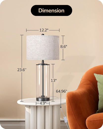 23.6" Glass Table Lamp Set of 2, DIY Refillable, Rotary Switch | Modern Bedside Lamp with Linen Lampshade, E26 Base, Nightstand Light for Living Room, Bedroom, Office4
