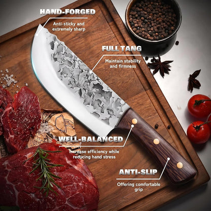 Butcher Knife Set with Roll Bag, Hand Forged Sharp Kitchen Knife Set | High Carbon Steel 7PCS Meat Cleaver Knife, Bone Chopper Knives, Fillet Knives for Kitchen, Camping BBQ, Gift for Men4