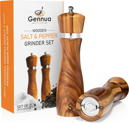 Wooden Salt and Pepper Grinder Set: Refillable Salt & Pepper Mills Adjust for Customized Coarseness, Crafted of Solid Acacia Wood with Ceramic/Stainless Steel Core, 8 Inches Each2