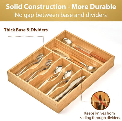Bamboo Kitchen Drawer Organizer, 13 Inch Silverware Utensil Tray Holder, Extra Deep Grooved Drawer Divider, 7 Slots Total Bamboo Wood Caddy for Flatware Cutlery Knives, Forks, Spoons4
