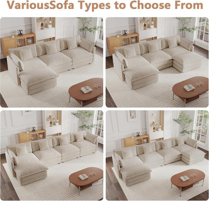 Modular Sectional Sofa, 111.5 Inch L Shaped Couch Set for Living Room, 3-Seater Comfy Cloud Couches with Movable Ottoman, DIY Combination, Chenille, Light Coffee6