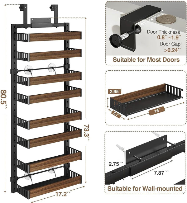 8 Tier over the Door Pantry Organizer with Adjustable Wooden Baskets, Heavy Duty 2 in 1 Wall Mounted & Hanging Spice Rack for Kitchen, Cabinet and Closet Organization2