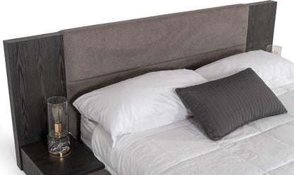 Eastern King Platform Bed, 102X96 In, Polyester Upholstered, Gray Wash Veneer Finish, Built-In Nightstands, Slatted Frame, Modern Bedroom Furniture4